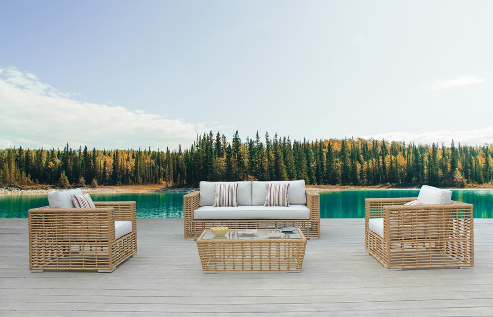 VIG Furniture Ko Tao Modern Outdoor Beige Wicker Sofa Set With Water‑Resistant Cushions, Metal Legs & Pillows VGATRASF-054-SET