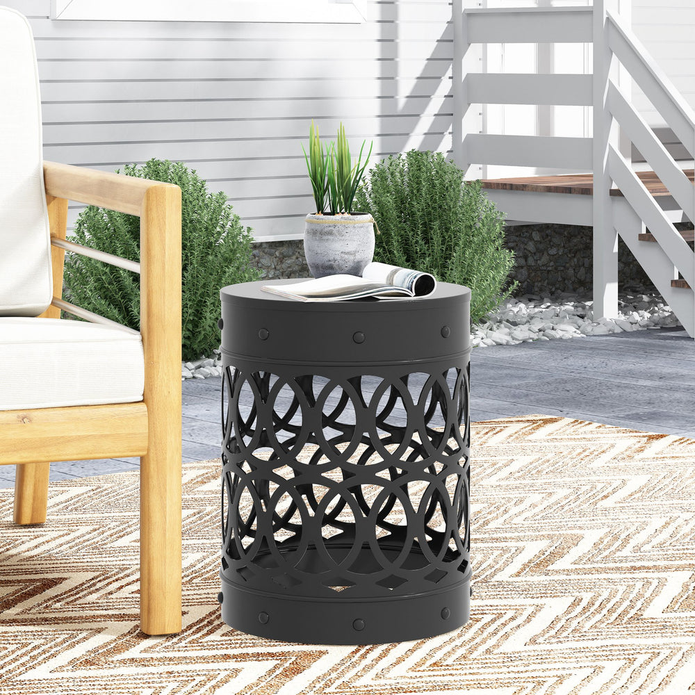 English Elm Outdoor Powder-coated Iron End Table with Geometric Cutout Design for Patio Lounging Black 73607.00BLK