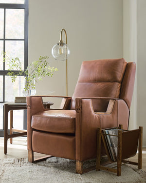 Hooker Furniture Relic Taupe Semi-Aniline Leather Power Recliner With Usb, Adjustable Headrest, Bustle Back & Wood Base Brown RC810-PH-082