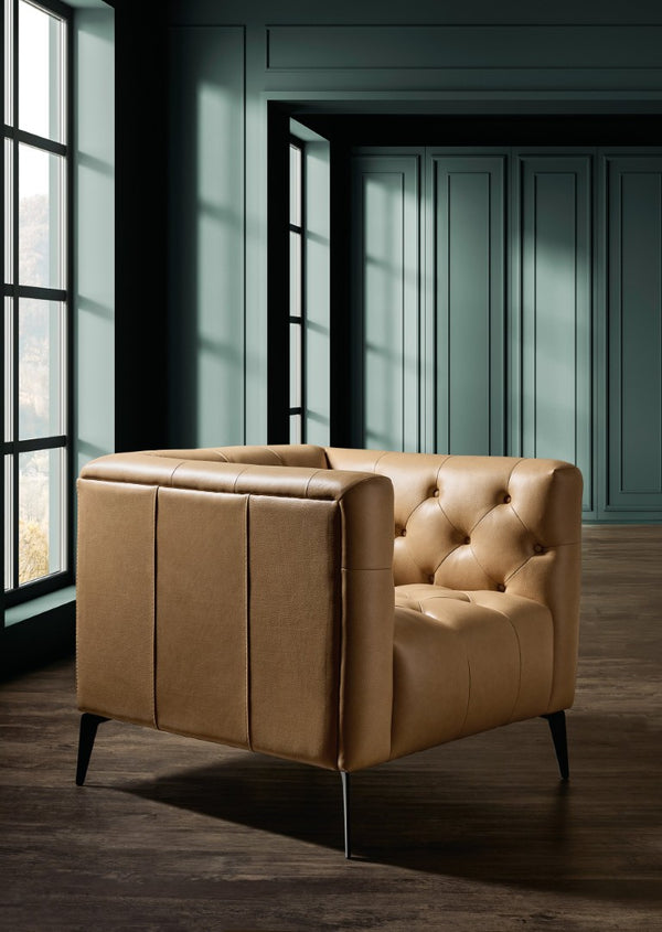 Hooker Furniture Nicolla Chesterfield-Inspired Stationary Chair In Texas Stone Top-Grain Leather With Matte Black Legs Brown SS637-01-070