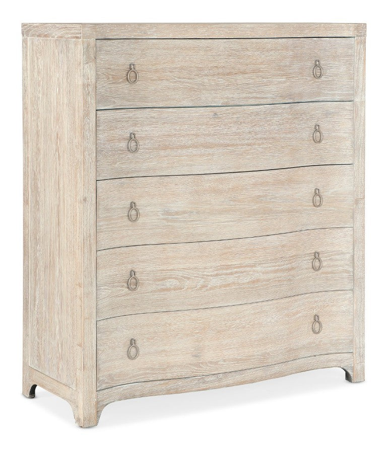 Hooker Furniture Serenity Monterey Five Drawer Chest — Surf Whitewashed Oak, Cedar-Lined Bottom, Felt Top Drawer, Champagne Pulls 6350-90010-80