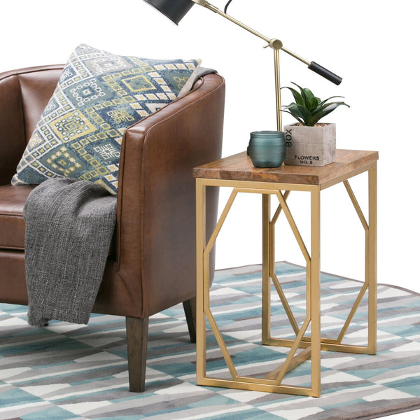 English Elm Selma Mango Wood Accent Table with Gold Metal Frame, Handcrafted Diamond-Base End Table 23.5" H Light Brown B136P158988