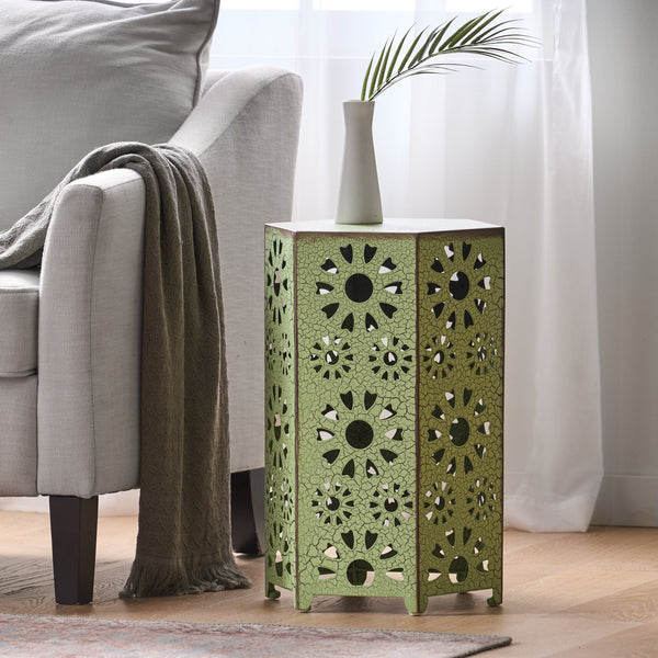 English Elm Galore Iron Patio Side Table with Sunburst Cutout and Crackle Finish for Outdoor Lounging Green 60815.00CGRN