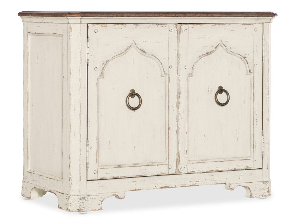 Hooker Furniture Americana Two-Door Nightstand With Distressed Two-Tone Finish, Oak Veneer Top, Wire Management, Timeless Appeal Whites/Creams/Beiges 7050-90017-02