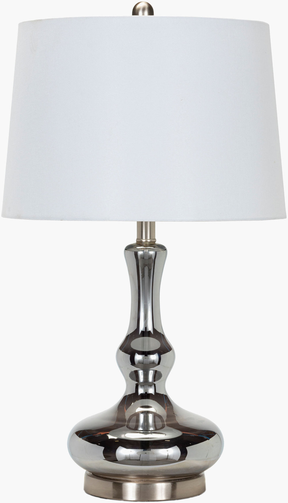 Surya Ranchester Elegant 26" Accent Table Lamp With Glass Body & Linen Shade For Cozy Home Ambiance Body, Metallic ,Silver,Base, Metallic ,Nickel,Shade, White,Finial, Metallic ,Nickel,Harp, Metallic ,Nickel,Cord, Translucent Glass,Iron,Linen,Polyester,Iron Rcr-001