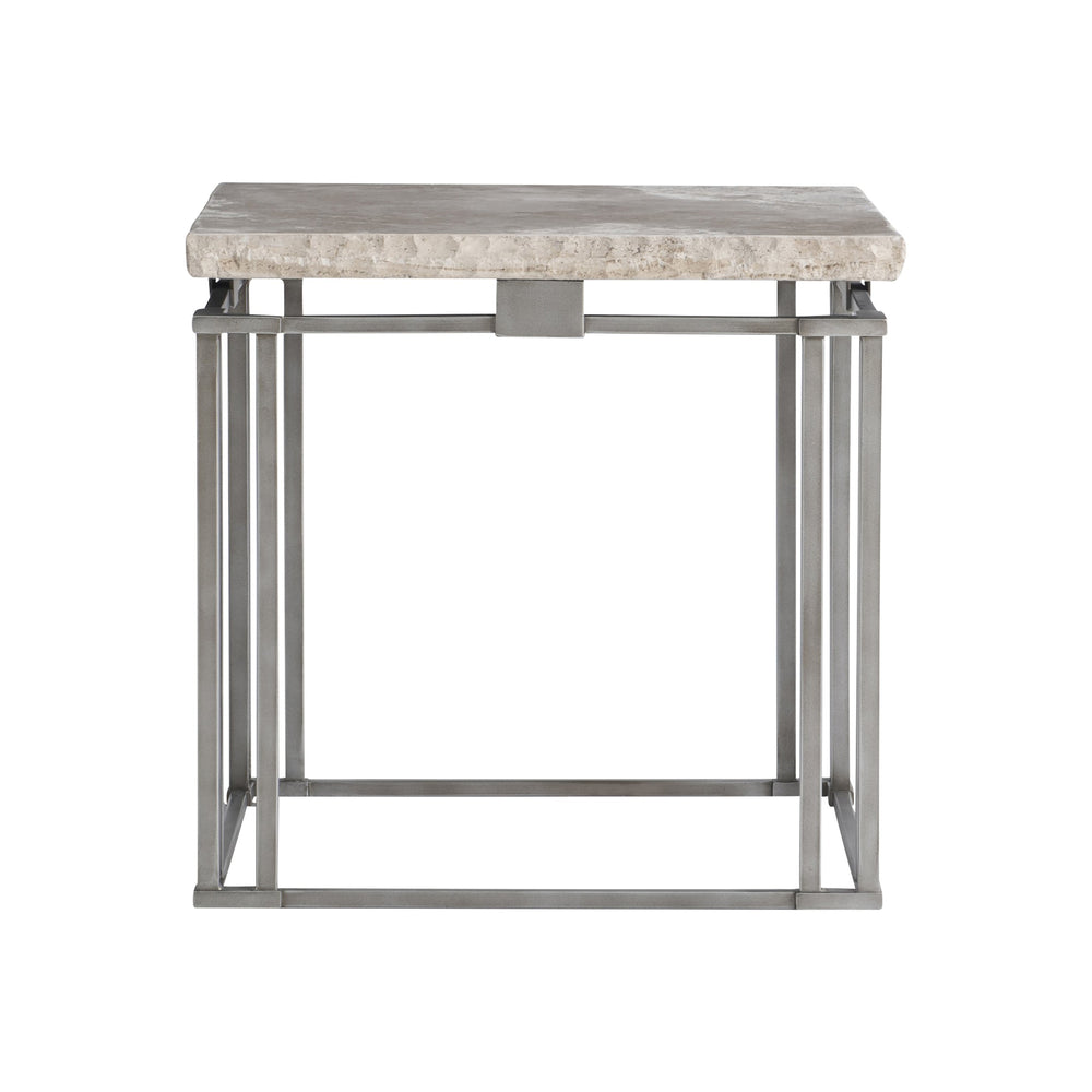 Bernhardt Bernhardt Riverton Side Table — Honed Bianco Travertine Top, Sculptural Silver Metal Base, 24" Square 494111