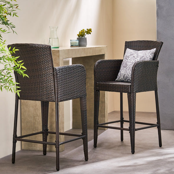 English Elm Christopher Knight Home® - ANAYA Outdoor Wicker Barstool Set of 2 — Weatherproof PE Wicker with Powder-Coated Iron Frames Brown 58896.00