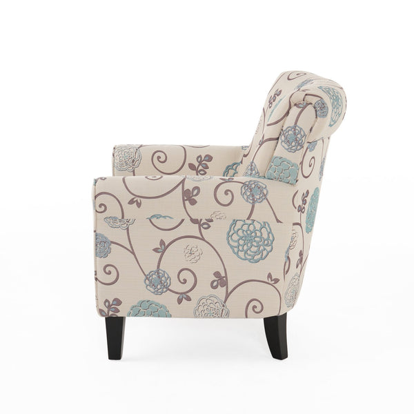 English Elm Jasmine Floral Upholstered Club Chair with Tapered Birch Legs and Tonal Piping Detail 52052.00WBLU