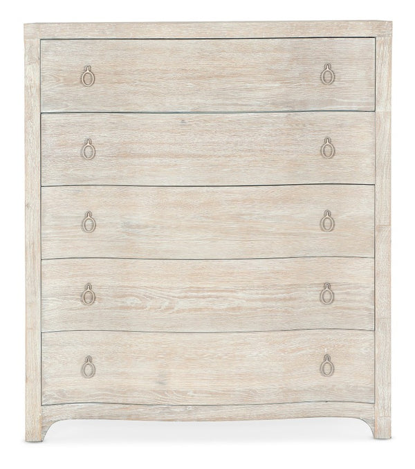 Hooker Furniture Serenity Monterey Five Drawer Chest — Surf Whitewashed Oak, Cedar-Lined Bottom, Felt Top Drawer, Champagne Pulls 6350-90010-80