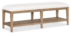 Hooker Furniture Vineyard Upholstered Bench In Sonoma Finish With White Zin Seat, Slatted Shelf For Storage, Coastal Charm 6952-90119-80