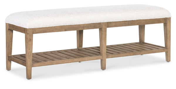 Hooker Furniture Vineyard Upholstered Bench In Sonoma Finish With White Zin Seat, Slatted Shelf For Storage, Coastal Charm 6952-90119-80