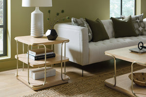 Hooker Furniture Banyon Desert Oak End Table With Brushed Brass Stainless Legs, Wire‑Brushed Cerused Finish — 26"L X 22"W X 24"H 6081-80113-82