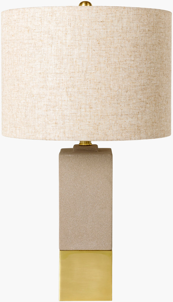 Surya Rodez 25" Modern Accent Table Lamp With Gray Linen Shade - Stylish Home Lighting & Easy Maintenance Body, Gray,Base, Metallic ,Brass,Shade (Outside), Gray,Shade (Inside), White,Finial, Metallic ,Brass,Harp, Metallic ,Brass,Cord, Black Concrete,Iron,Linen,Polyester,Iron Rdz-001