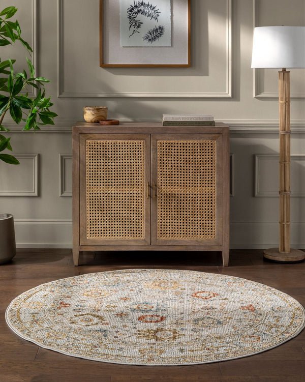 Livabliss Reina Traditional Fringe Area Rug Ornate Polyester Weave for Living Room Dining Light Gray, Cre 5'3" x 5'3" REN2309-53RD