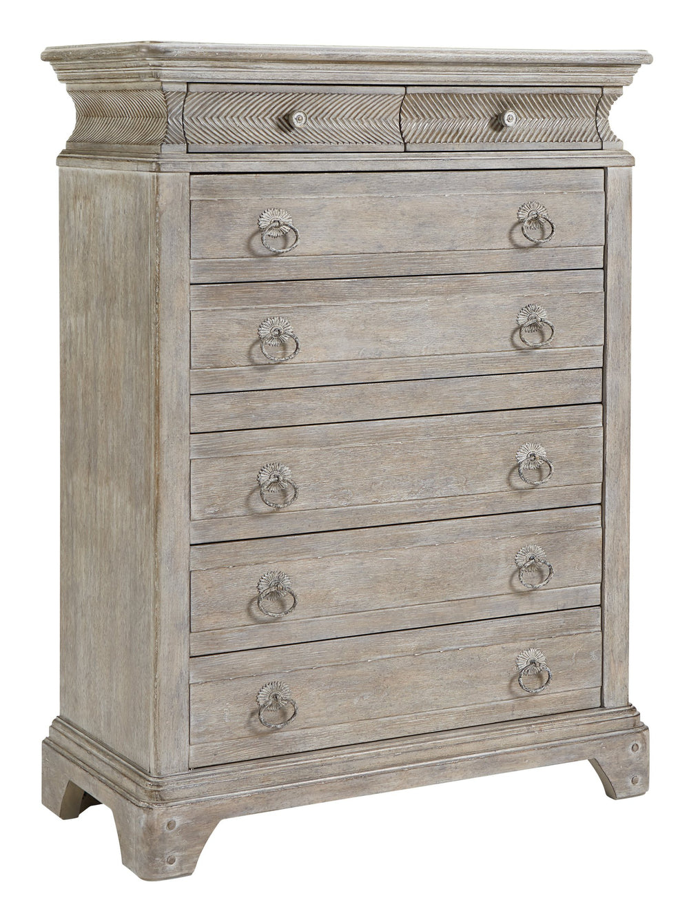 A.R.T. Furniture Summer Creek Light Keeper’S Drawer Chest - Scrubbed Oak Finish, 8 Drawers & Chevron Carvings Gray, Gray Flakey Cathedral Oak Veneer,Parawood Solids 251150-1303