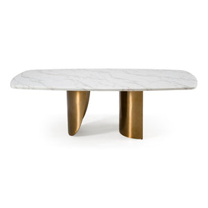 VIG Furniture Reynold Glam Faux Marble Dining Table With Gold Stainless Steel Double-Pedestal Base, Seats 8 VGGM-M-DT-1768C