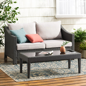 English Elm Christopher Knight Home® - ANTIBES RATTAN LOVESEAT SET WITH SIDE TABLE – Weatherproof PE Wicker, Iron Frame, Compact Patio Seating Grey 57088.00SETGRY