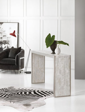 Hooker Furniture Melange Emma Console Table With Polished Selenite Top, Silver-Leaf Frame — Slim Modern Focal Piece 638-85302-MULTI