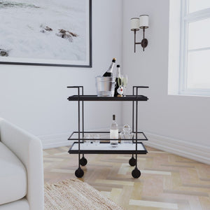 Hooker Furniture Commerce Bar Cart With Stone Inlay & Matte Black Frame, Mobile Serving Trolley With Casters, Rails - Compact Industrial Accent 7228-50645-99