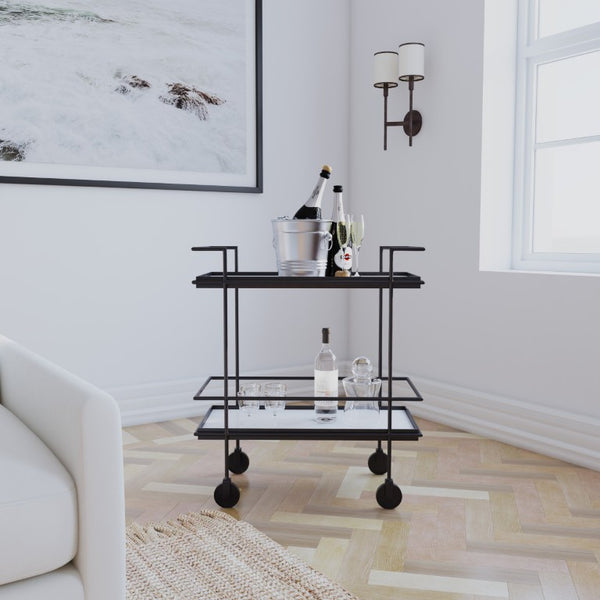 Hooker Furniture Commerce Bar Cart With Stone Inlay & Matte Black Frame, Mobile Serving Trolley With Casters, Rails - Compact Industrial Accent 7228-50645-99