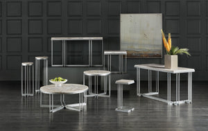 Hooker Furniture Melange C-Shape Drink Table With Tumbled White Onyx Top & Pewter Base — Compact, Stylish Accent 5934-50001-00