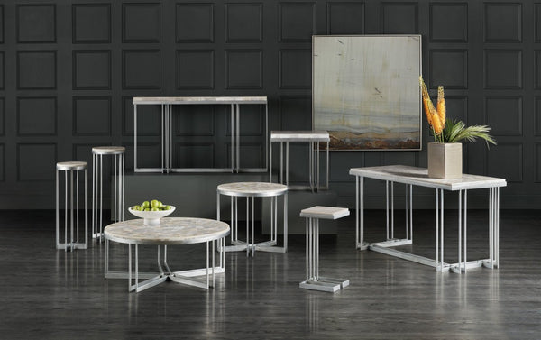 Hooker Furniture Melange Round Tumbled White Onyx Accent Table With Pewter Geometric Base — Compact Elegant Focal Point 14.00 L x 14.00W x 36.00H 5934-50003-00