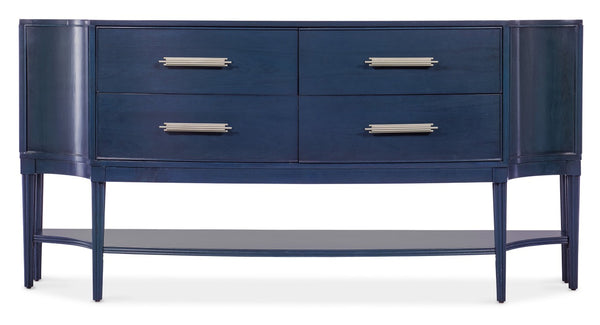 Hooker Furniture Melange Mazarine Credenza With Serpentine Front, Dark-Blue Cherry Veneer, Fluted Legs & Pewter Pulls 628-85152-45