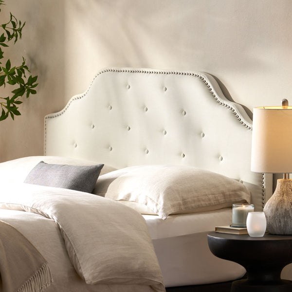 English Elm Tufted Queen Headboard with Nailhead Trim Solid Wood Frame and Adjustable Metal Legs Ivory 57877.00IVY