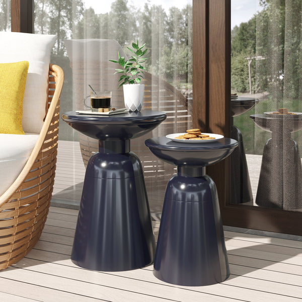 English Elm Serenita Outdoor Powder Coated Iron Pedestal Side Tables Sculptural Flared Set of Two Navy Blue 73614.00NBLU