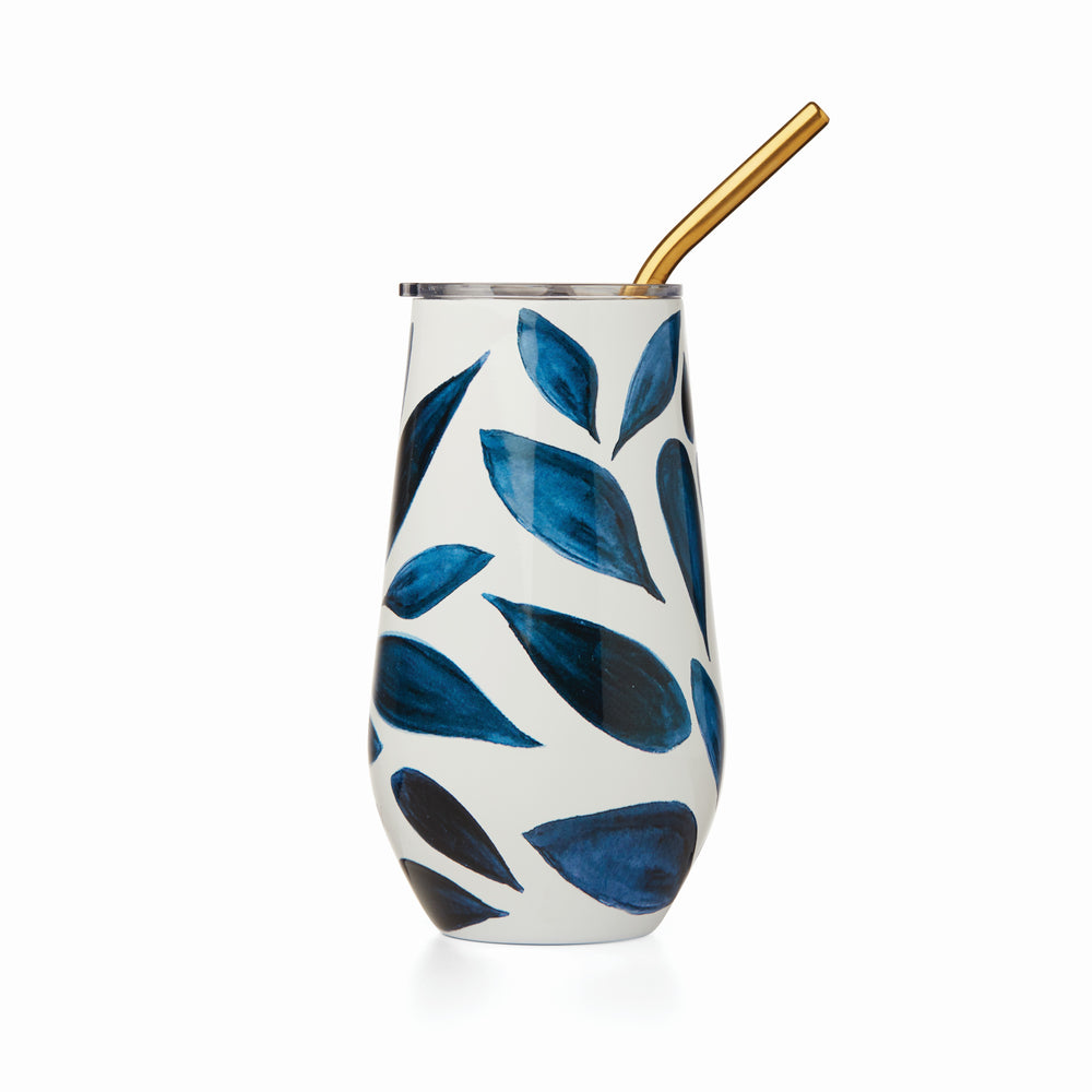 Lenox Blue Bay Leaf Pattern Stainless Steel Wine Tumbler With Straw Blue, BLUE METAL 895731