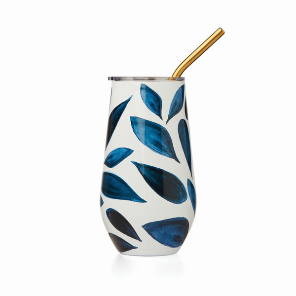 Lenox Blue Bay Leaf Pattern Stainless Steel Wine Tumbler With Straw Blue, BLUE METAL 895731