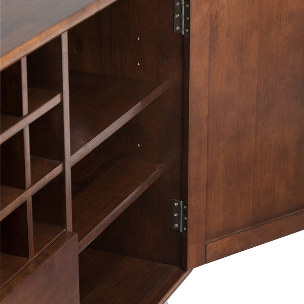 English Elm Draper Mid Century Sideboard Buffet with 12-Bottle Wine Rack, Solid Rubberwood, Medium Auburn Brown Finish, Tapered Legs and Brass Pulls B136P158156