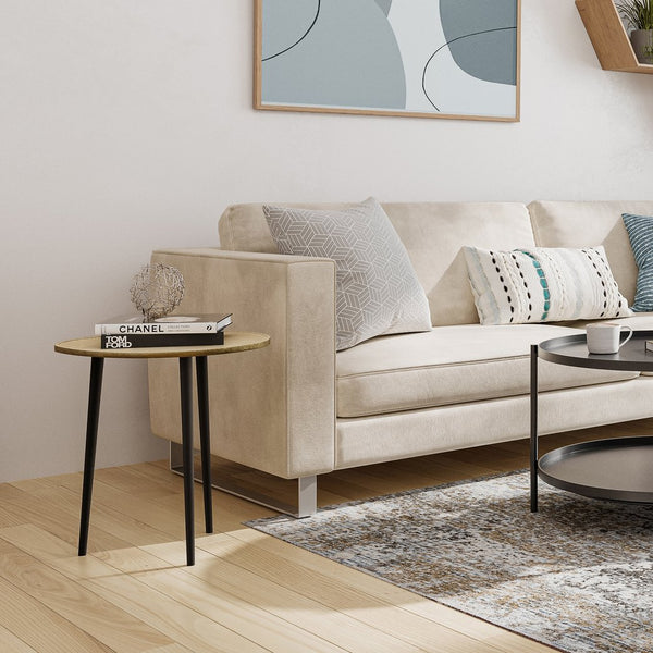 English Elm Tanner Gold Metal Side Table with Round Top & Tri‑Pod Black Legs, Handcrafted Mid‑Century Accent (99) B136P159633