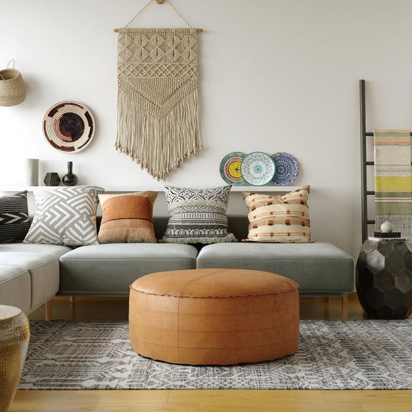 English Elm Brody 32" Round Coffee Table Pouf - Versatile Distressed Brown Accent For Modern Living Spaces B136P159351