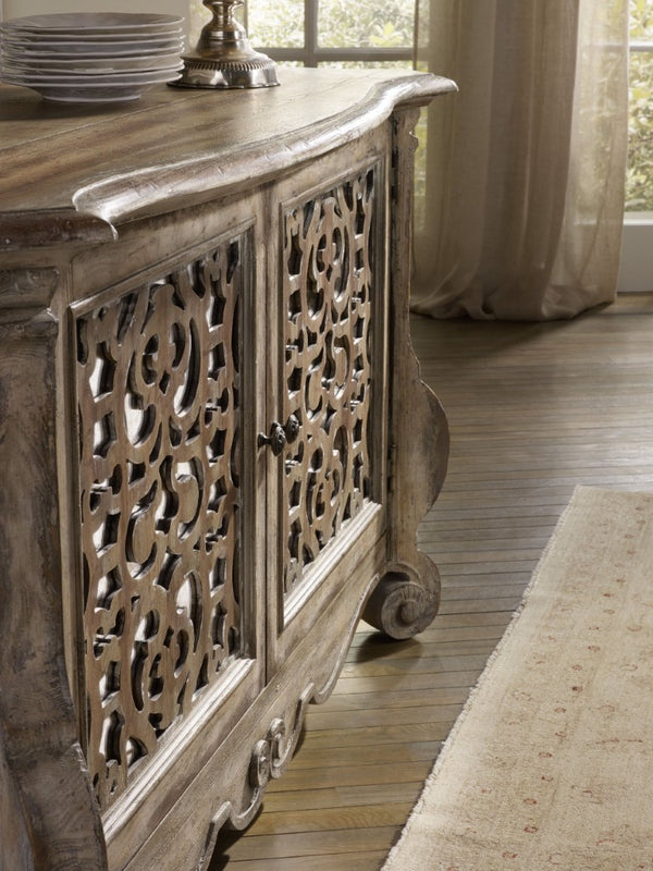 Hooker Furniture Chatelet Caramel Froth Buffet With Mirrored Fretwork Doors, Pecky Pecan Veneer & Antique Hardware 5351-75900