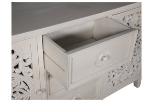 Porter Designs Porter Bali Solid Wood Sideboard – Hand-carved Artisan Design With Elegant Floral Motif & Storage White Wood 07-196-06-bcc03/Wht