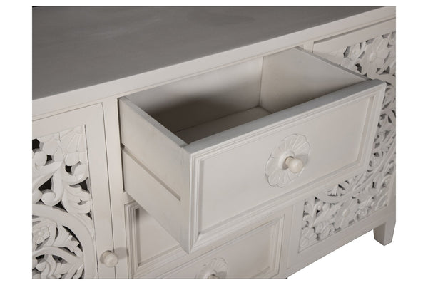 Porter Designs Porter Bali Solid Wood Sideboard – Hand-carved Artisan Design With Elegant Floral Motif & Storage White Wood 07-196-06-bcc03/Wht