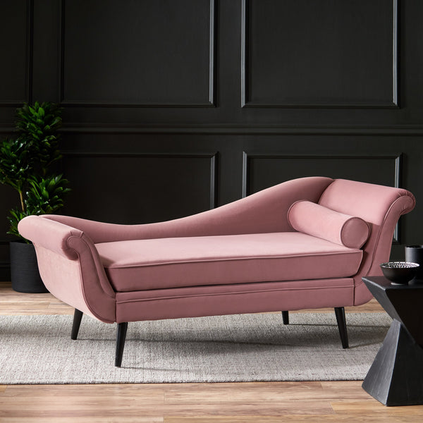 English Elm Chaise Lounge Velvet Upholstered with Birch Legs Elegant Salon Style Living Room Accent Pink 69103.00DUSPNK