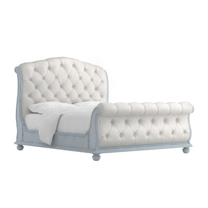 A.R.T. Furniture Summer Upholstered Bed In Distressed Shutter Blue With Plush Button Tufting And Rustic Charm White, Blue Flakey Cathedral Oak Veneer,Parawood Solids,Foam,Fabric 251125-1361