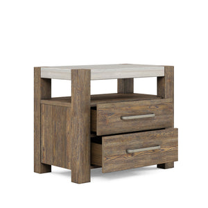 A.R.T. Furniture Stockyard Transitional Bedside Chest With Travertine Top, Usb Chargers, And Ample Storage Drawers Brown Ash And Poplar Solids,Knotty White Oak Veneers,Travertine 284148-2303