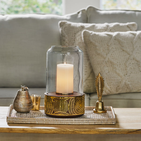English Elm Christopher Knight Home® - CIRCLE Mango Wood Hurricane Candle Holder with Ornate Gold Accents, Handcrafted Boho Tempered Glass 72064.00