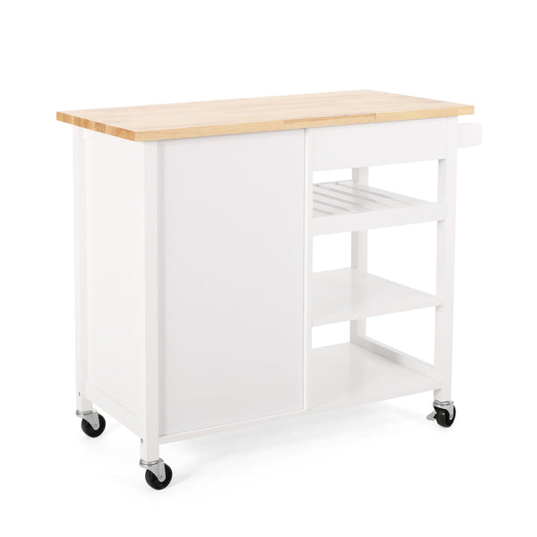 English Elm Christopher Knight Home® - Kitchen Island Cart with Solid Rubberwood Top, 41.75" Mobile Island with Drawer, Cabinet, Shelves & Wheels White 67756.00NATWHT