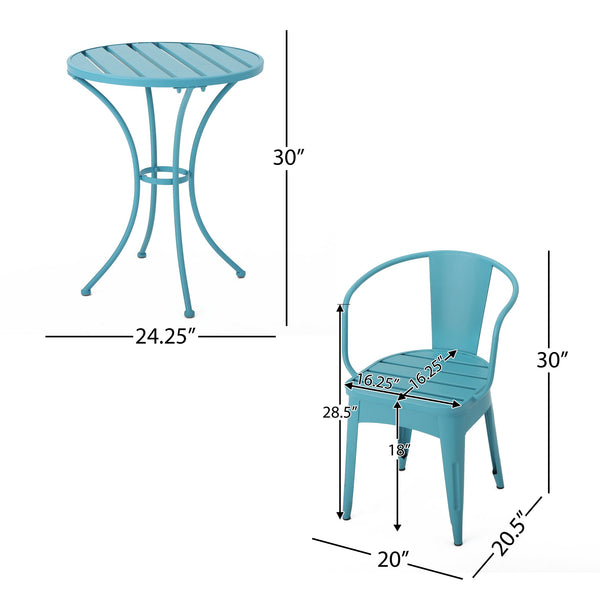 English Elm Colmar Outdoor Iron Bistro Set Powder Coated Slatted Armchairs Round Patio Table Blue 56558.00MCB