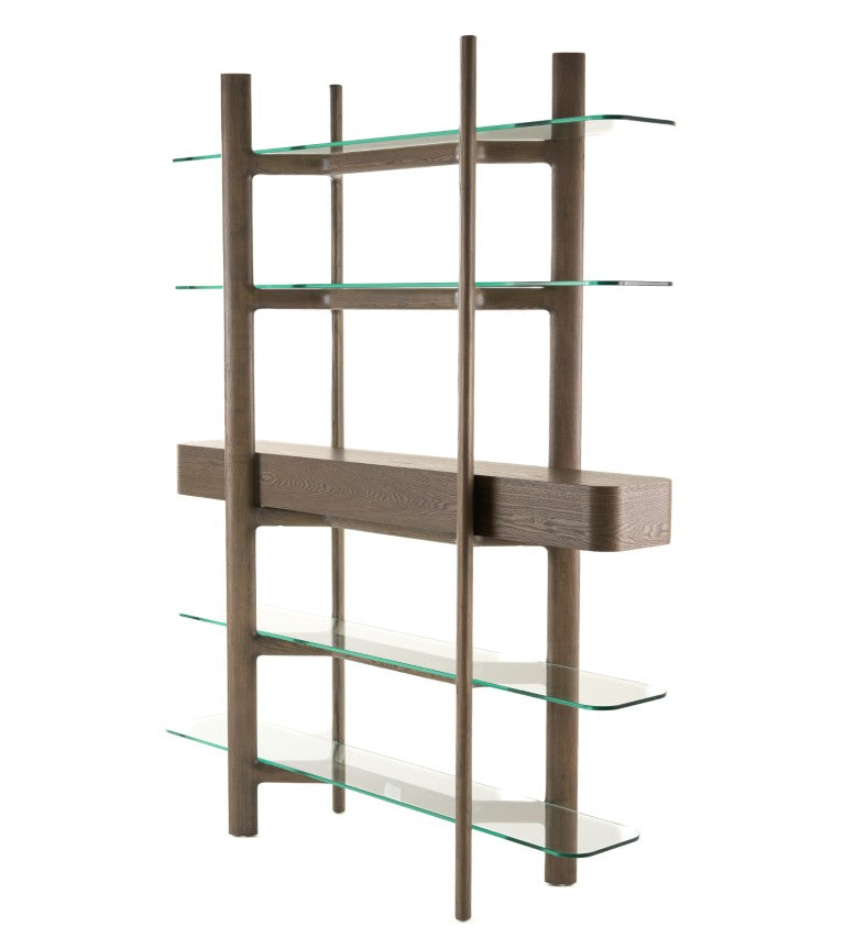 VIG Furniture Rinaldi Mid-Century Modern Grey Ash Bookshelf With Tempered Glass Shelves, Sculptural Angled Supports VGCS-DS-23006
