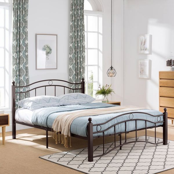 English Elm Queen Iron Platform Bed Camelback Headboard Geometric Finial Posts Victorian Loft Style Copper 63298.00HMCOP-Q