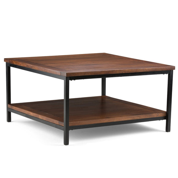 English Elm Skyler Square Coffee Table - Handcrafted Dark Cognac Brown With Industrial Metal Frame & Storage B136P158238-GIGA