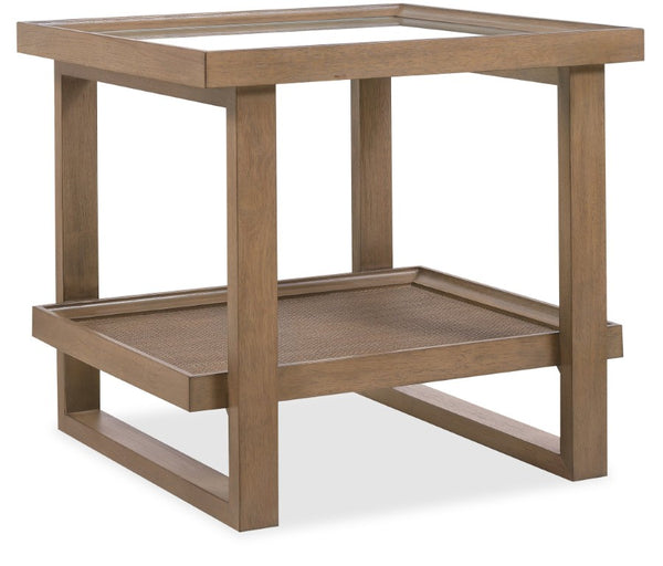 Hooker Furniture Sonnet Square End Table With Tempered Glass Top, Woven Cane Shelf & Light Earthen Oak Finish 6072-80113-85