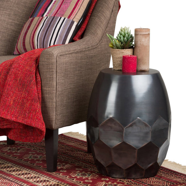 English Elm Flanigan Metal Accent Table with Handcrafted Honeycomb Drum Design in Antique Copper Finish, 19.5" H Black B136P158968