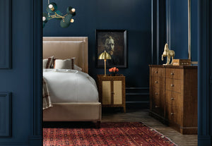 Hooker Furniture Archives Queen Upholstered Bed In Liber Oat Velvet With Walnut Veneers, Distressed Classic Walnut Finish 90.00 L x 69.00W x 64.00H 6123-90950-89