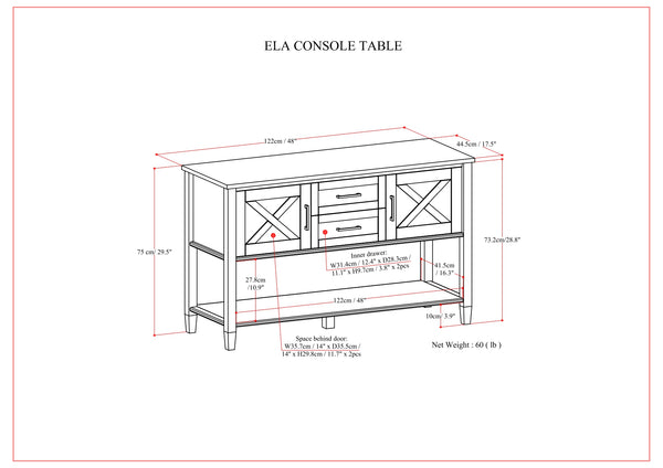 English Elm Ela Solid Wood Console Table Smoky Brown — Handcrafted, 2 Drawers, 2 Cabinets, Open Shelf, 48" Wide B136P158600